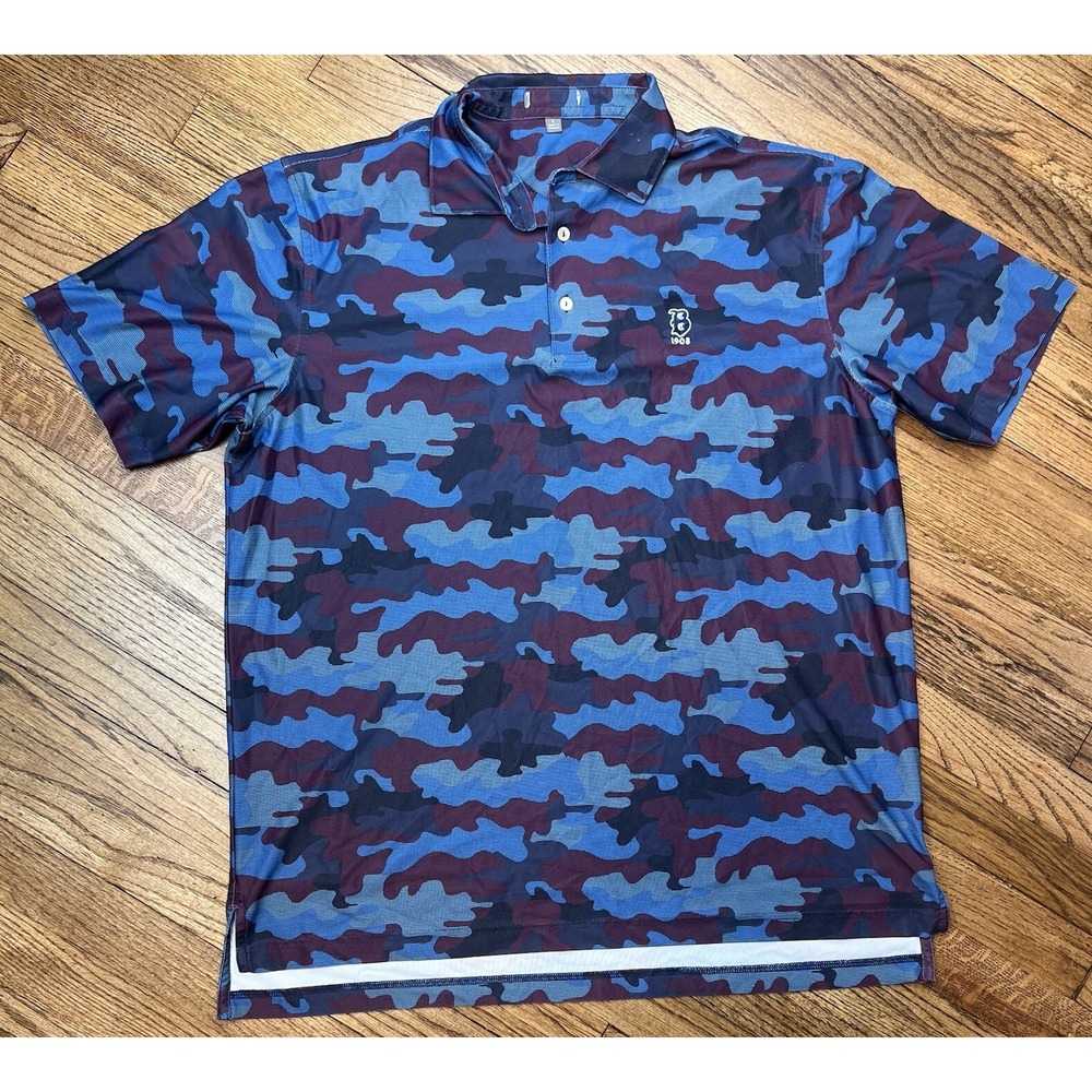 Peter Millar Polo Blue Camo Performance Golf Shirt Logo Men's‎ Size Large